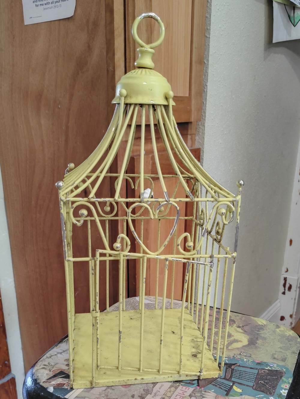 Vintage Shabby Chic Yellow Metal Birdcage